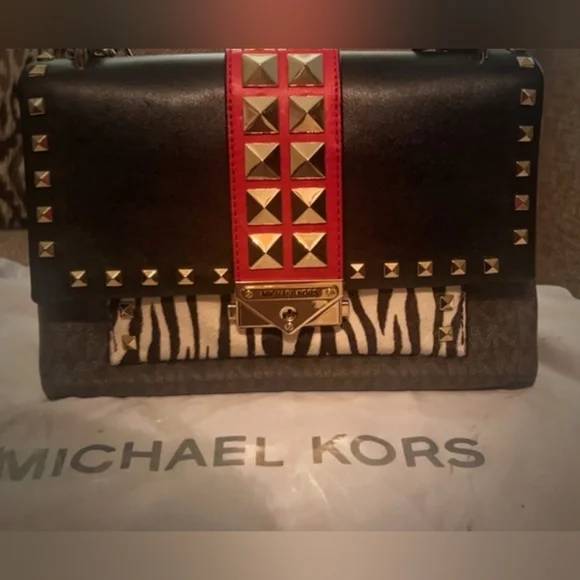 Michael Kors Cece Medium Logo Mixed-Media Convertible Black & Red Studded Bag - Picture 2 of 15